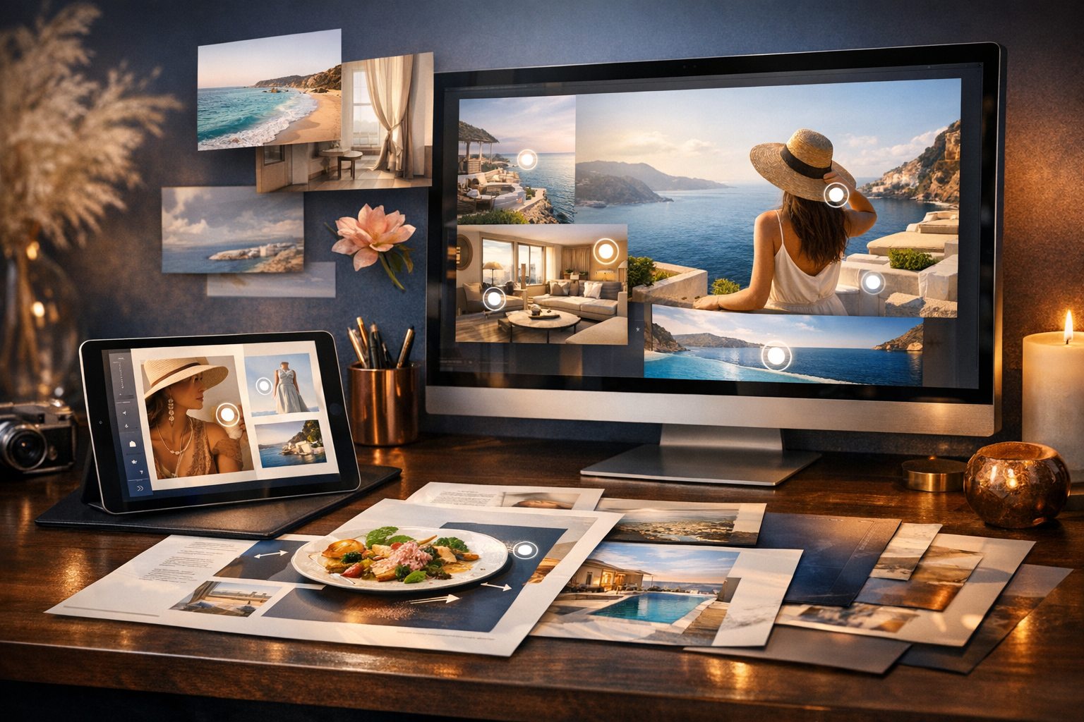 Revista digital interactiva mostrada en tablet y monitor